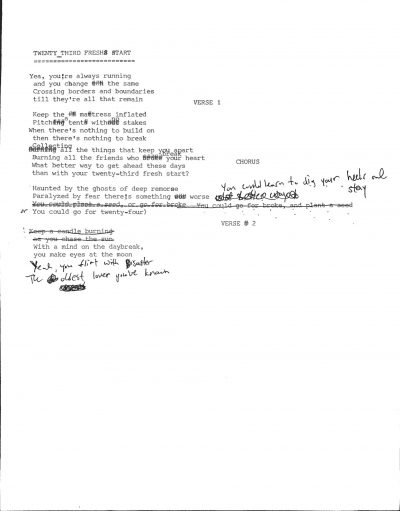 Sheet with the first pass at lyrics for Twenty-Third Fresh Start.